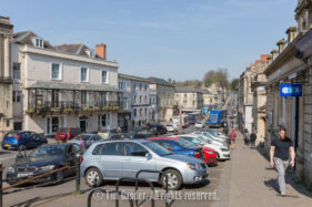 Looking towards High Street from Market Cross car park in Frome Town Centre, Somerset.