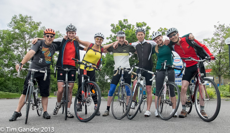 7 cyclists in a row, ready for a 70-mile ride to South Devon.