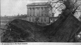 A tree is uprooted at The Royal Crescent, Bath.