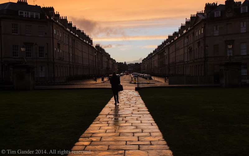 The view from the entrance of The Holburn Museum in Bath looking down Great Pulteney Street at sunset.