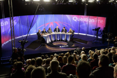 View from the back of the lecture theatre of BBC Question Time being filmed.