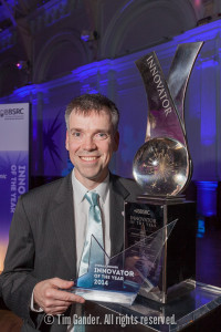 Portrait of Innovator of the Year 2014 Luke Alphey of The Pirbright Institute with his award trophy