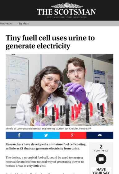 Screen grab of The Scotsman online use of image sent out with University of Bath press release explaining the research into urine-powered fuel cells.