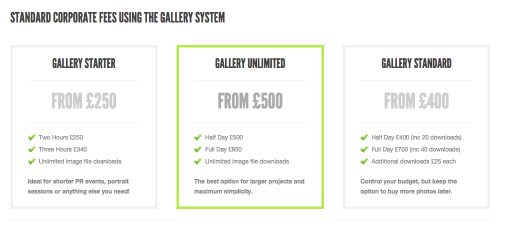 Screen grab of Tim Gander's photography fee structure.