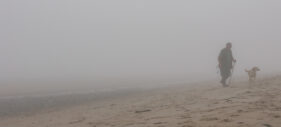 A man with a walking stick walks his golden labrador dog on the beach in the mist at Cresswell, Northumberland, UK