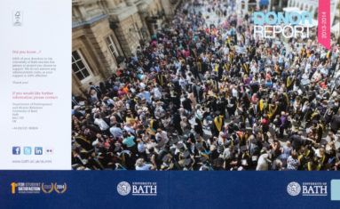 High-perspective view of hundreds of graduates and their families gathered outside Bath Abbey after graduation.