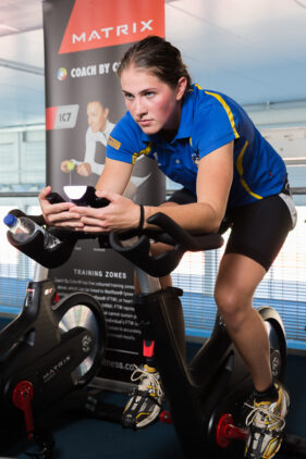 Launch of the new Matrix IC7 cycle training bikes in the Sports Training Village at University of Bath. Sports Performance student Eva Piatrikova tries out one of the new bikes.