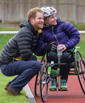 Prince Harry meeting a female Invictus athlete at University of Bath Sports Training Village.