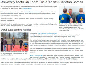 University of Bath news page featuring the Prince Harry visit.