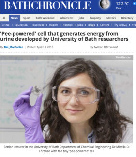 Screen grab of online use of image sent out with University of Bath press release explaining the research into urine-powered fuel cells.