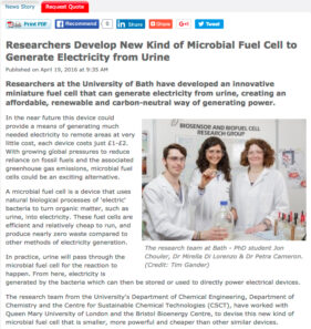 Screen grab of online use of image sent out with University of Bath press release explaining the research into urine-powered fuel cells.