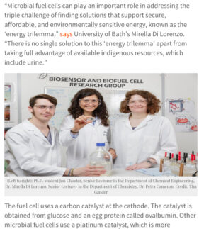 Screen grab of online use of image sent out with University of Bath press release explaining the research into urine-powered fuel cells.