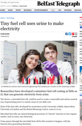 Screen grab of online use of image sent out with University of Bath press release explaining the research into urine-powered fuel cells.