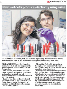 Screen grab of online use of image sent out with University of Bath press release explaining the research into urine-powered fuel cells.