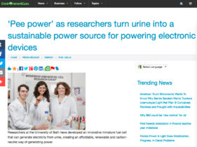 Screen grab of online use of image sent out with University of Bath press release explaining the research into urine-powered fuel cells.