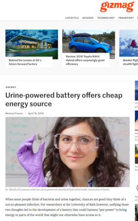 Screen grab of online use of image sent out with University of Bath press release explaining the research into urine-powered fuel cells.