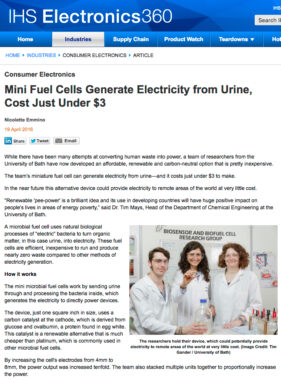 Screen grab of online use of image sent out with University of Bath press release explaining the research into urine-powered fuel cells.