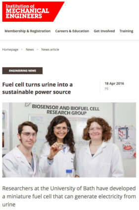 Screen grab of online use of image sent out with University of Bath press release explaining the research into urine-powered fuel cells.