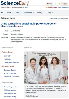 Screen grab of online use of image sent out with University of Bath press release explaining the research into urine-powered fuel cells.