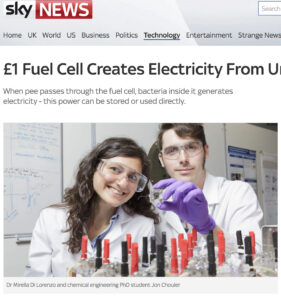 Screen grab of online use of image sent out with University of Bath press release explaining the research into urine-powered fuel cells.