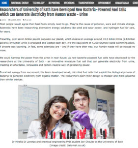 Screen grab of online use of image sent out with University of Bath press release explaining the research into urine-powered fuel cells.