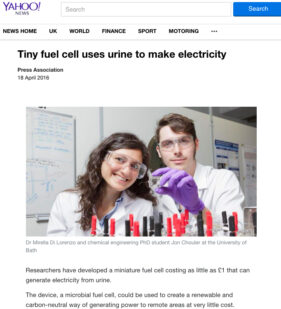 Screen grab of online use of image sent out with University of Bath press release explaining the research into urine-powered fuel cells.