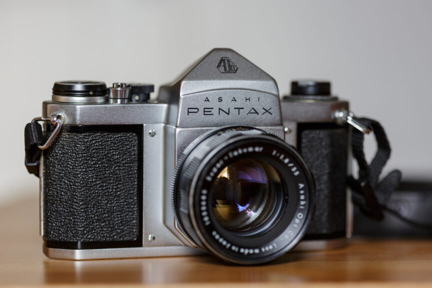 Pentax S1a 35mm camera with Super-Takumar 55mm f/1.8 lens attached.