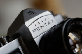 Detail showing the Asahi Pentax name on the front of the camera.