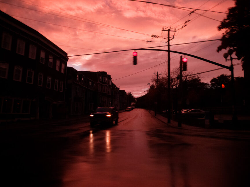 Shot through a tinted window in the rain, St John's in Newfoundland and Labrador, Canada.