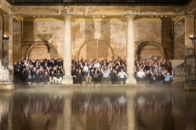 09/02/2017 Scholars Reception, Roman Baths. University of Bath scholars gather for an evening reception held at the Roman Baths in Bath to network, be introduced to their sponsors, hear speeches from alumni and gather for a mass group photo by the Great Bath.