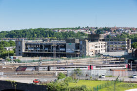 View of the old PO sorting office at Bristol Temple Meads as seen from the offices of Burgess Salmon in One Glass Wharf.