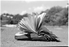 Ground-level view of a discarded book fans its pages in the wind as it lies on the ground.