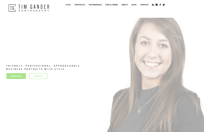 Screen grab of the Tim Gander photography home page with portrait of young business woman Hazel smiling to camera against a white background.