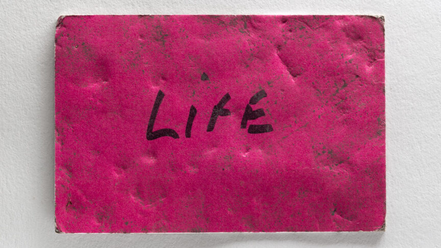 Close-up of a dirty and damaged red card with the word Life written on in marker pen.