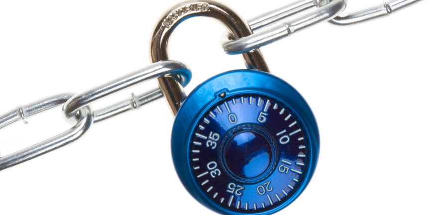 blue padlock on a steel chain.