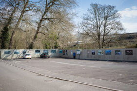 Photo panels on hoardings at Merchants Barton car park, Frome, Somerset.