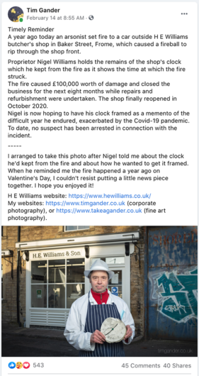 Screenshot from Facebook post about H E Williams anniversary showing Nigel Williams outside his shop with the melted shop clock.