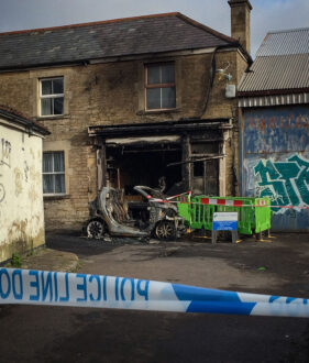 The scene of the burned out butcher's shop in Frome on the morning of February 14th 2020.