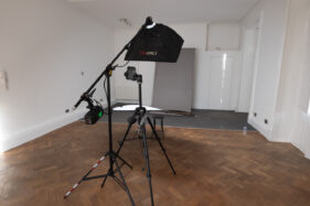 Single-head portrait lighting set-up in an empty office in Bristol.