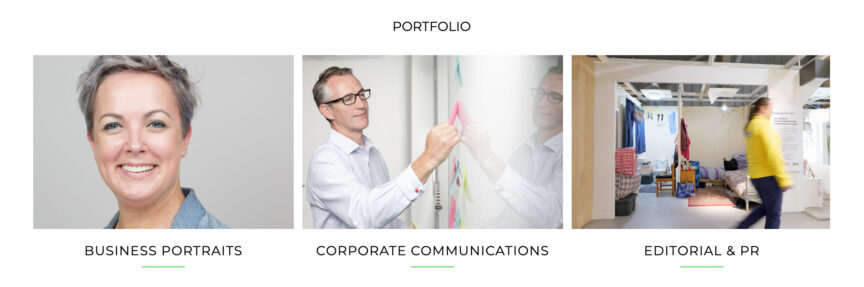 Screen grab of the Portfolio menu page of Tim Gander's photography website showing three thumbnail images to illustrate each of the Portfolio categories; Business Headshots, Corporate Communications and Editorial and PR.