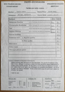 Final grades certificate in photo-journalism for Tim Gander. Issued by the National Council for the Training of Journalists.