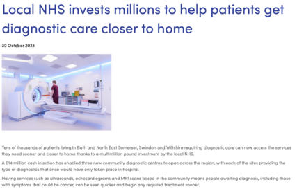 Screengrab from the News page of the NHS BANES Swindon and Wiltshire ICB website showing the announcement of the multi-million-pound investment in new community diagnostics centres