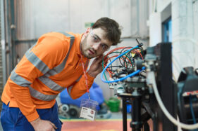 A bus engineer in orange high-vis overalls bends in to listen for a leak from some coloured hydraulic pipes.